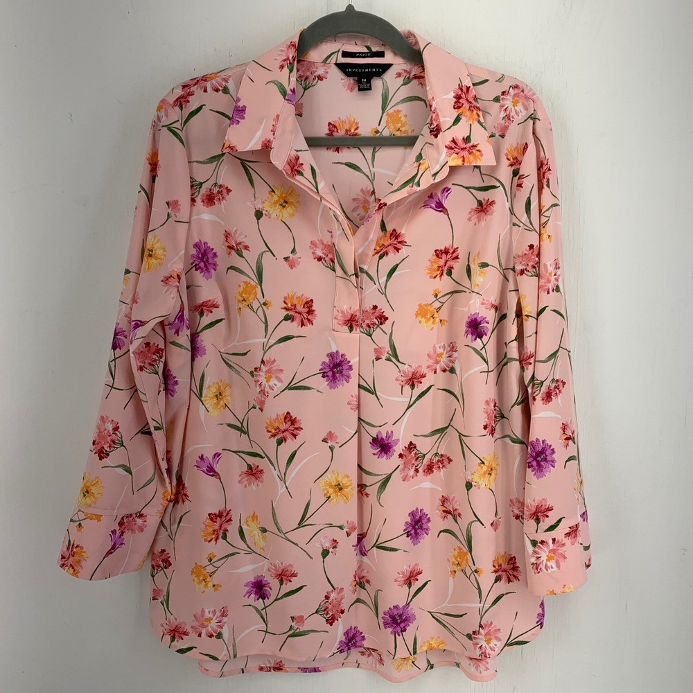 Pinkโ Floral 3/4 Sleeve V-Neck Blouse Top Cottagecore Medium Feminine Spring